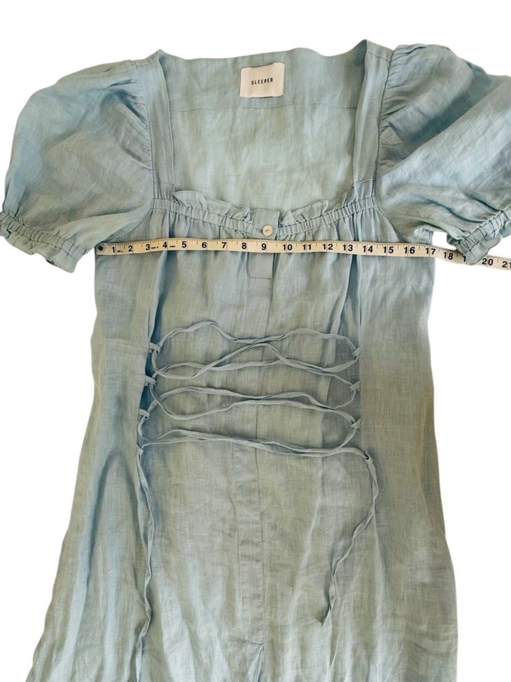 Sleeper Marquise Lace-Up Linen Midi Dress Blue Puff Sleeve Corset Cottagecore M - Picture 8 of 12